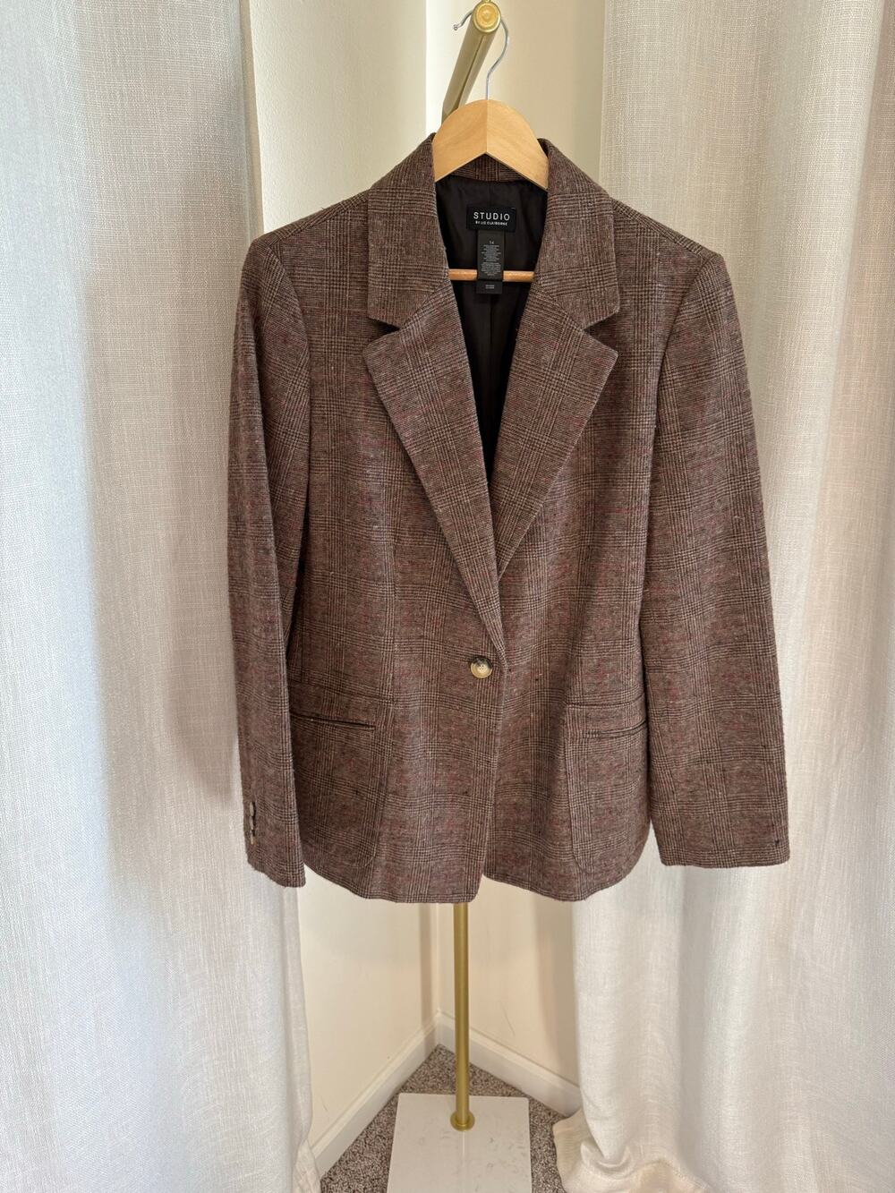 Vintage Studio by Liz Claiborne Tweed Plaid Blazer Size 14 Brown Dark academia